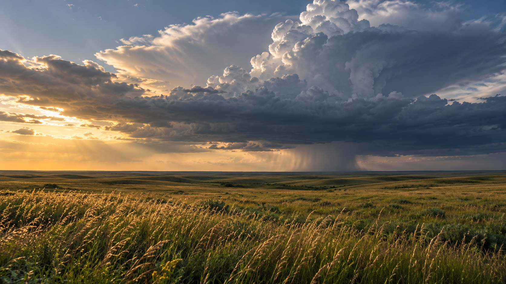 Golden prairie grass beneath a vast blue-gray thunderstorm, with warm western light and distant rain.